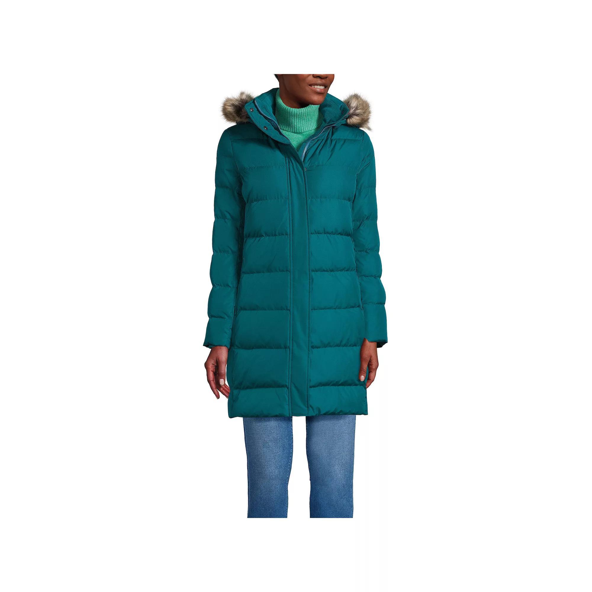 Petite Lands' End Down Puffer Faux Fur Trim Hooded Winter Parka Coat, Women's, Size: Small Petite, Evening Blue Product Image
