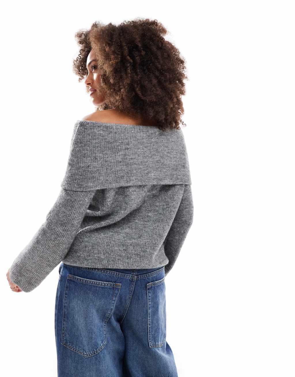 Vero Moda slouchy off shoulder sweater in medium gray melange Product Image