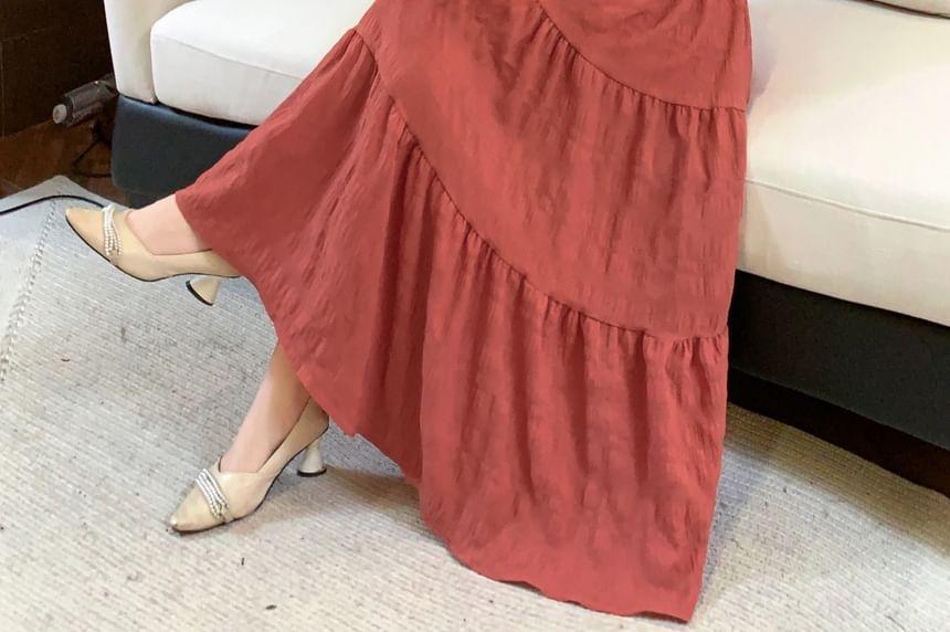 Puff-Sleeve Plain Maxi A-Line Dress Product Image