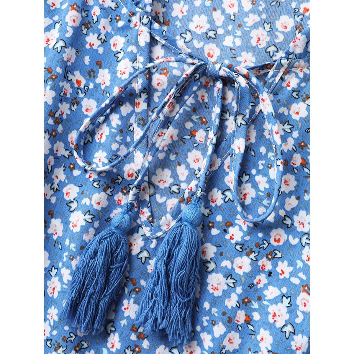 Plus Size Ditsy Floral Print Stretchy Waist Midi Dress Skyblue Women Notched collar Cap Sleeve Curvy BloomChic 10/M Product Image
