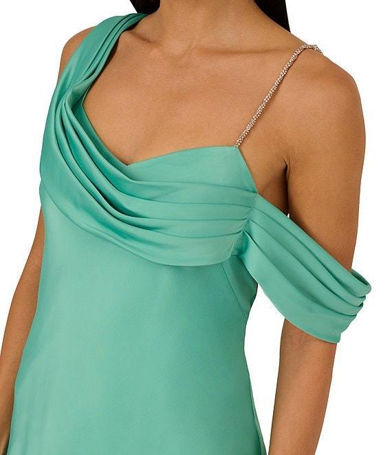 Adrianna Papell Stretch Satin Asymmetrical One Shoulder Neck Rhinestone Strap Pleated Sheath Dress Product Image