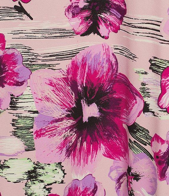 Investments Scuba Crepe Lilac Floral Border Short Sleeve Fit and Flare V-Neck Midi Dress Product Image