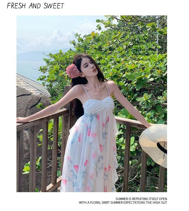 Spaghetti Strap Floral Ruffle Trim Maxi A-Line Sundress Product Image