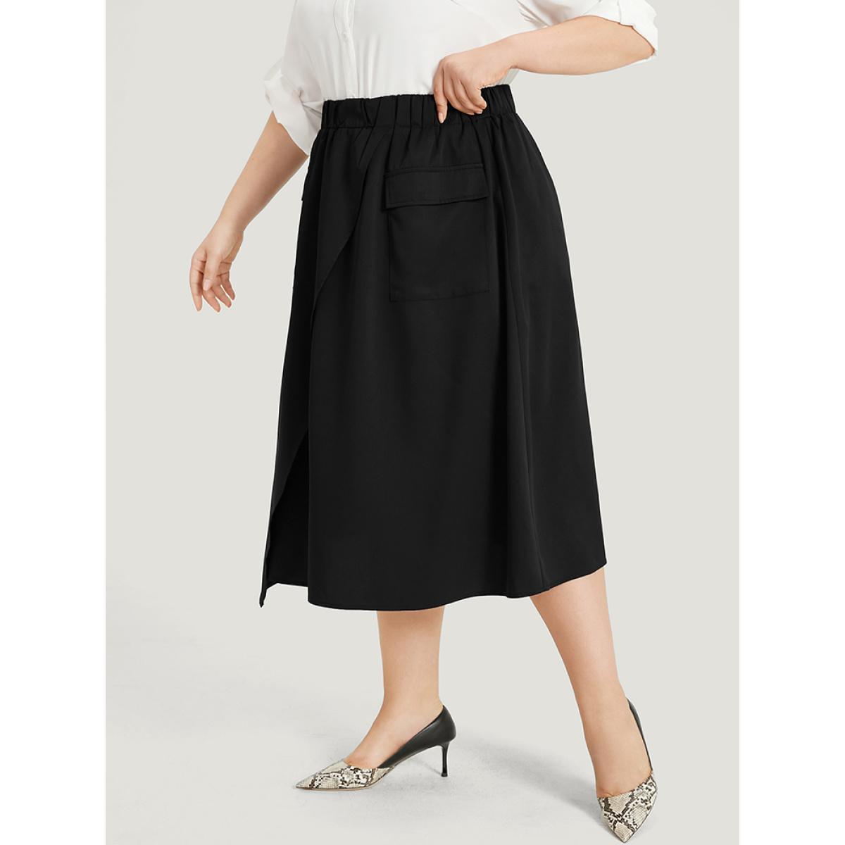 Plus Size Solid Pocket Elastic Waist Gathered Skirt Women Black Office Plain No stretch Pocket Work Skirts BloomChic 10/M Product Image