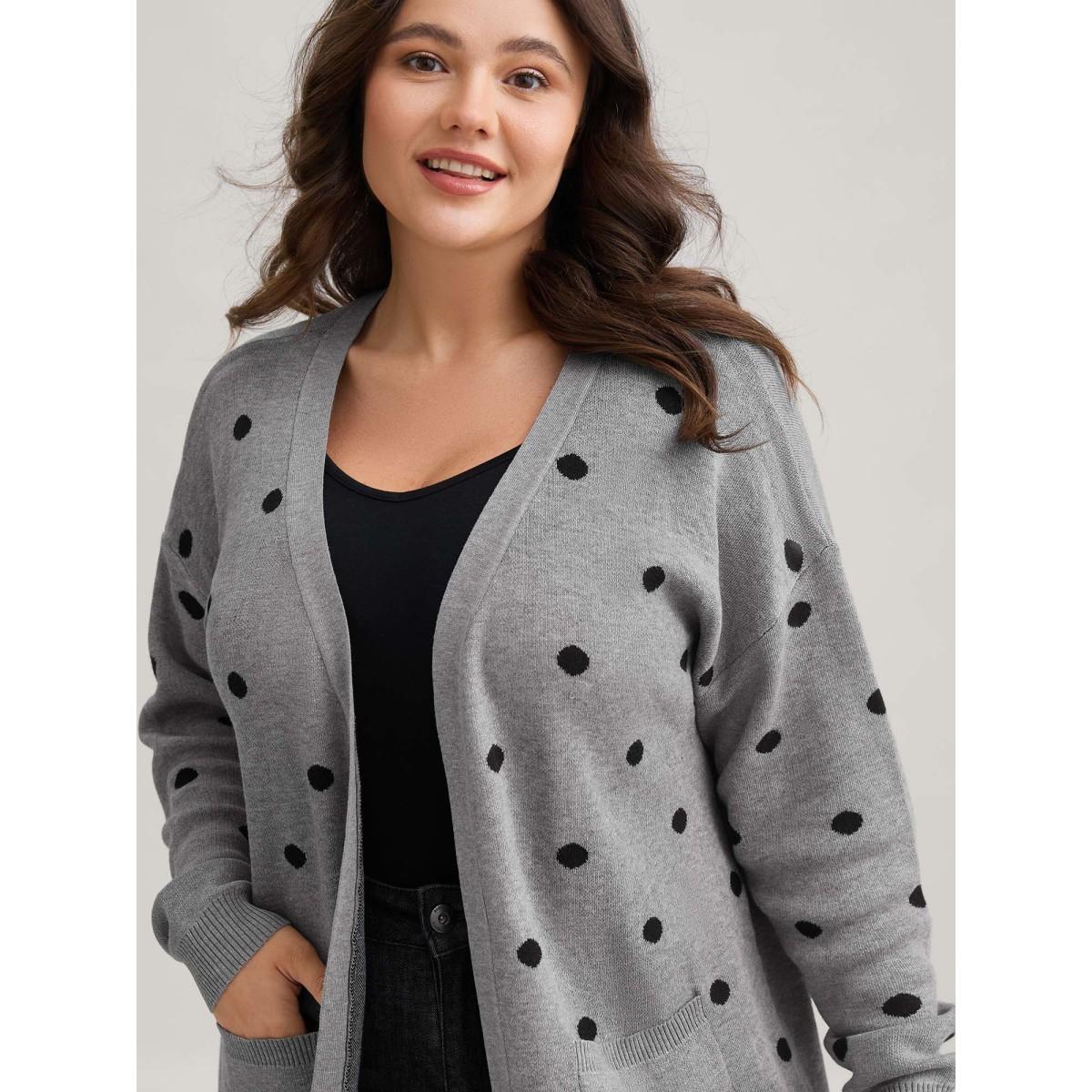 Plus Size Polka Dot Kimono Collar Patch Pocket Cardigan Mediumgray Women Casual Loose Long Sleeve Everyday Cardigans BloomChic 14-16/1X Product Image