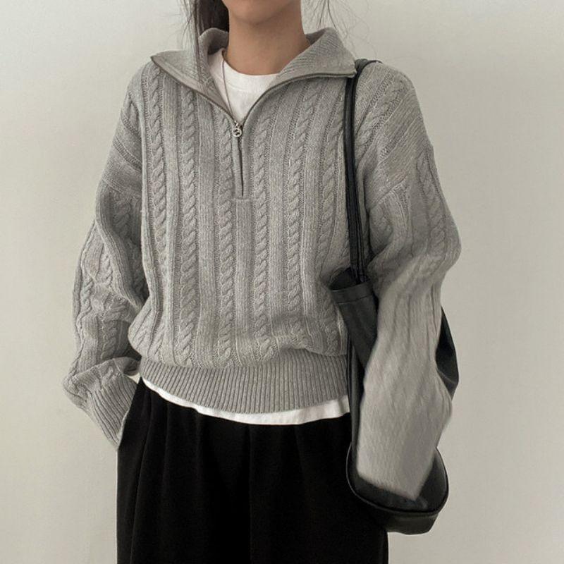 Half-Zip Plain Cable-Knit Sweater Product Image