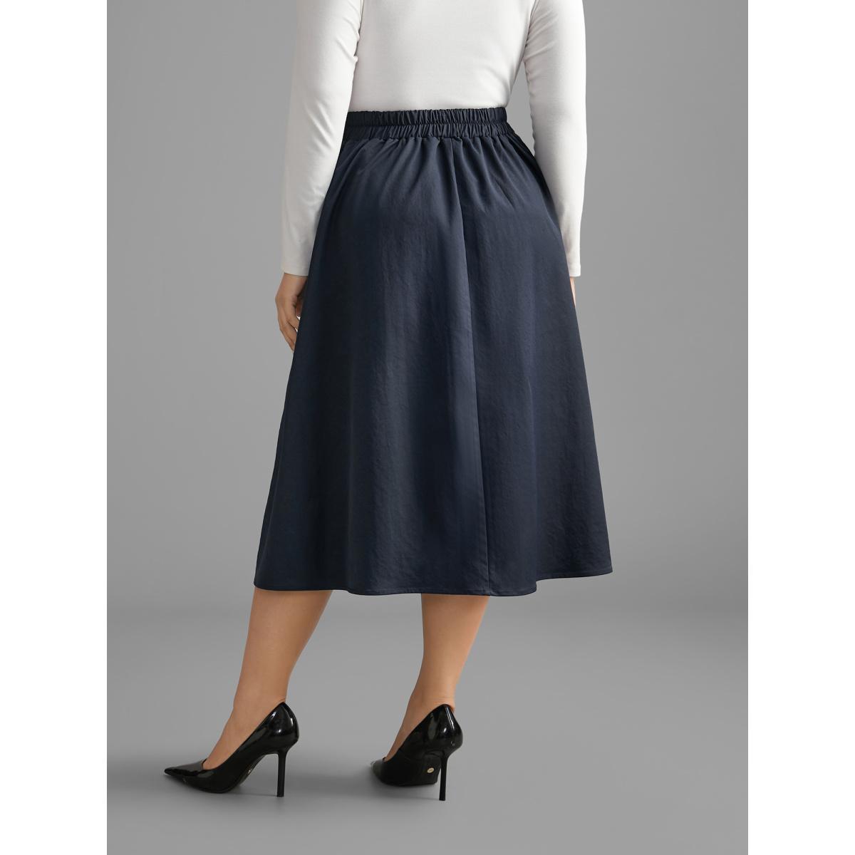 Plus Size Solid Buckle Detail Pocket Skirt Women Indigo Elegant Button Low stretch Slanted pocket Everyday Skirts BloomChic 10/M Product Image