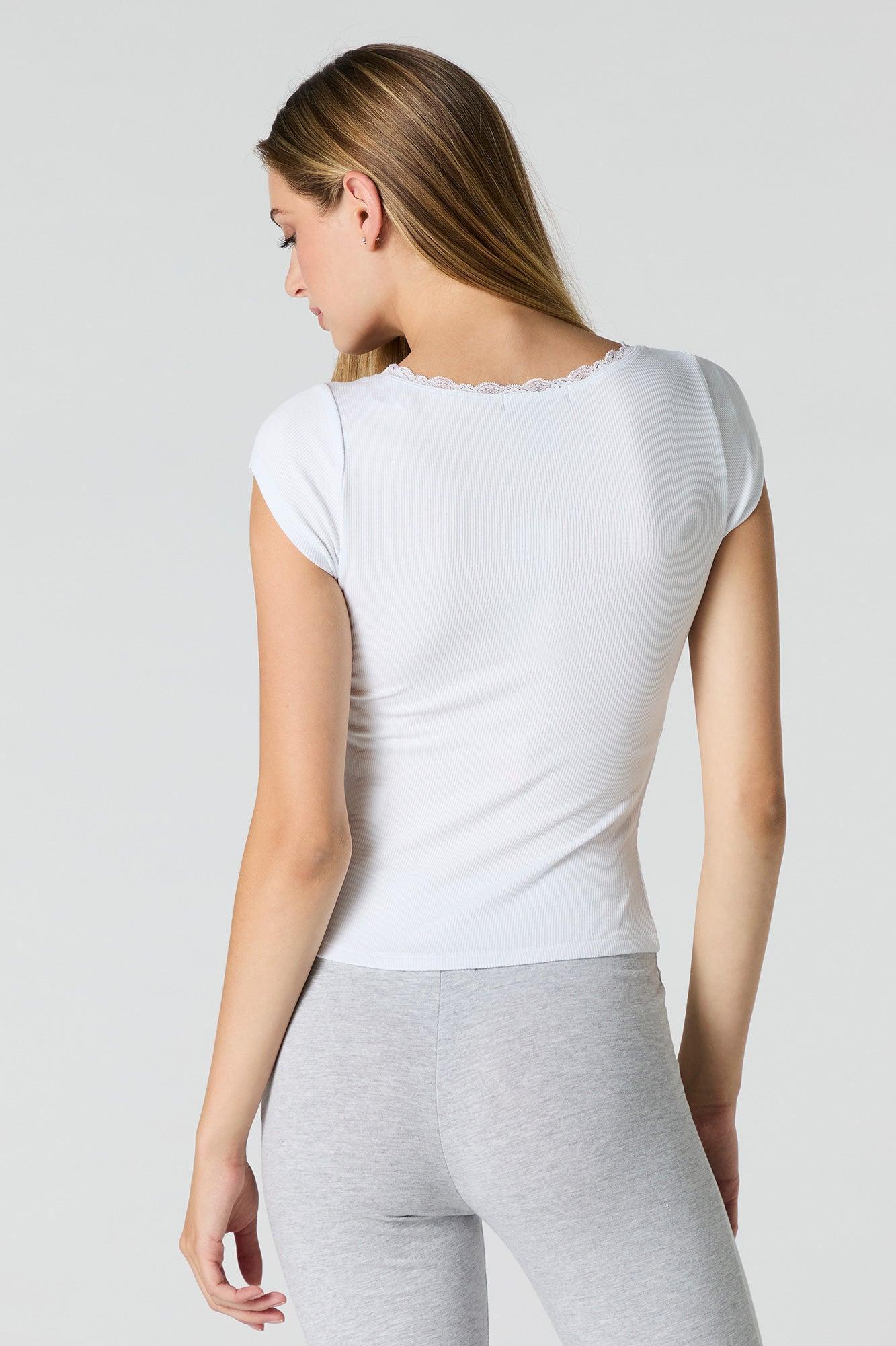 Ribbed Lace Trim Scoop Neck T-Shirt Female Product Image