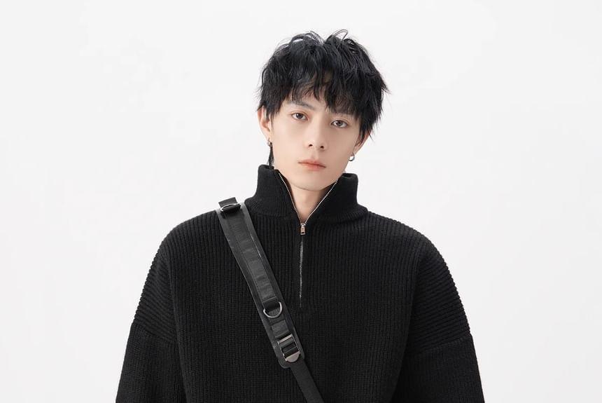 Mock Neck Half-Zip Ribbed Sweater Product Image