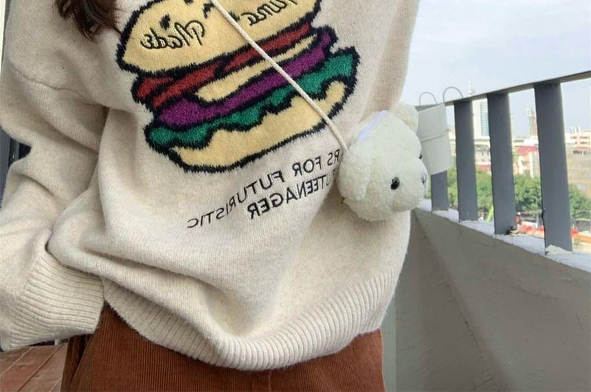Crew Neck Hamburger Patterned Lettering Embroidered Sweater Product Image