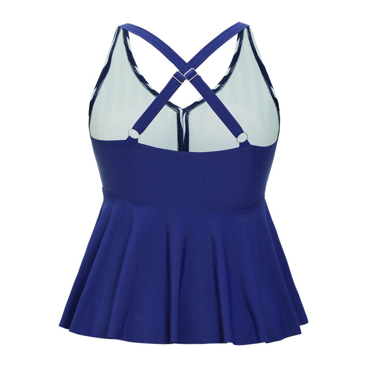 Plus Size Striped Contrast Crossover Ruffle Hem Tankini Top Women's Swimwear Navy Vacation Adjustable Straps High stretch Bodycon V-neck Curve Swim Tops BloomChic 18-20/2X Product Image