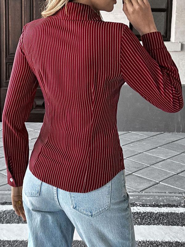 Long Sleeves Skinny Buttoned Contrast Color Striped Lapel Blouses&Shirts Tops Product Image