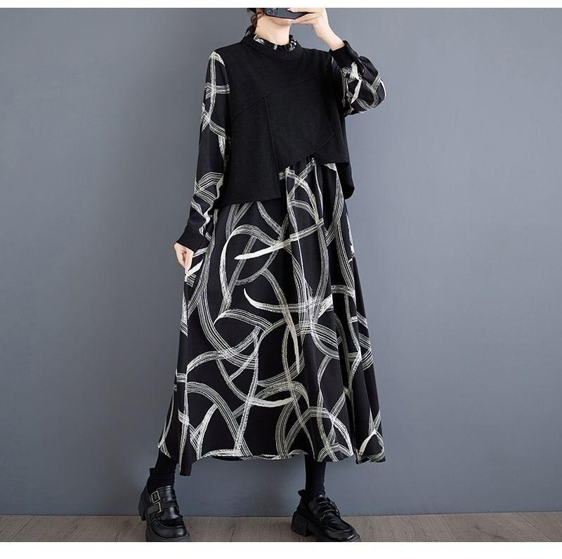 Long-Sleeve Stand Collar Mock Two-Piece Print Frill Trim Midi Tunic Dress Product Image