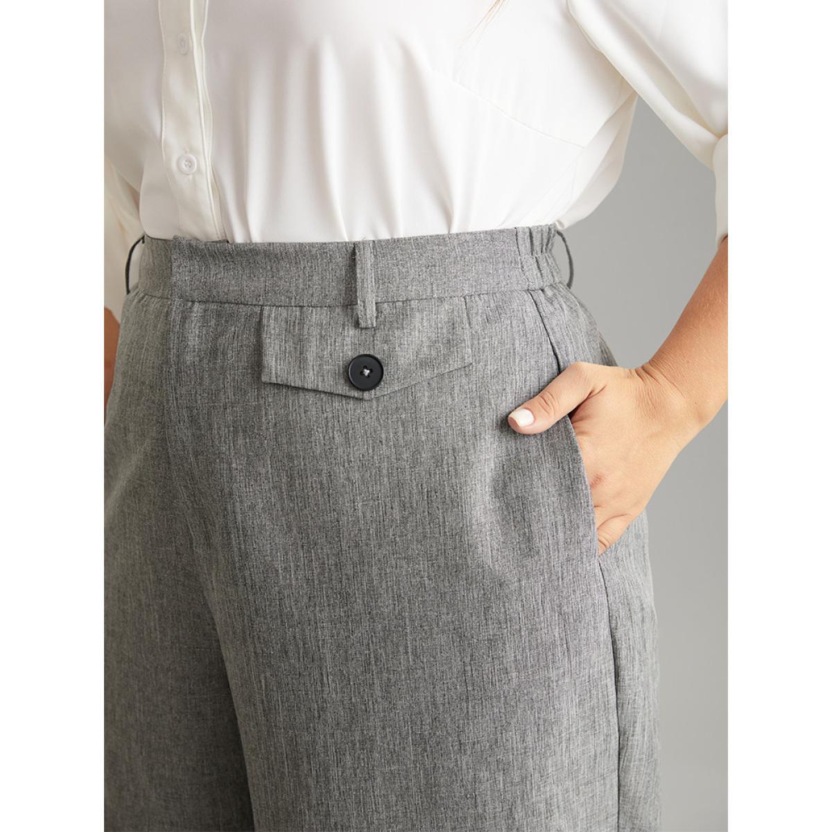 Plus Size Heather Flap Detail Elastic Waist Wide Leg Pants Women DarkGray Office Wide Leg High Rise Work Pants BloomChic 26/4X Product Image