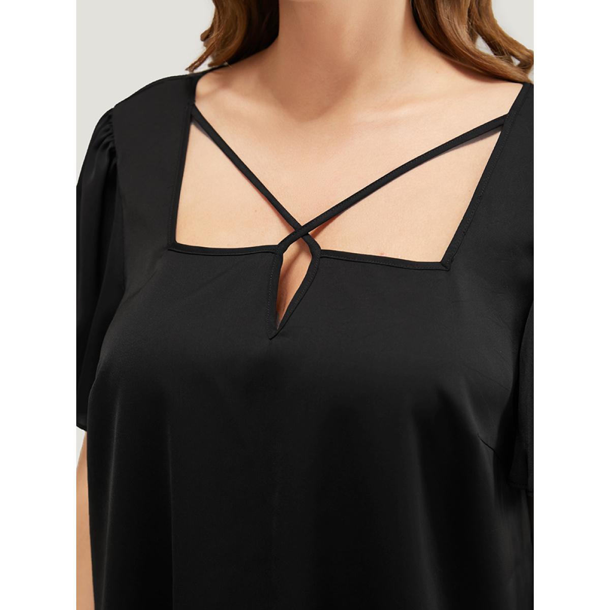Plus Size Black Solid Crisscross Notched Square Neck Ruffle Sleeve Blouse Women Elegant Short sleeve Notched collar Dailywear Blouses BloomChic 30/6X Product Image