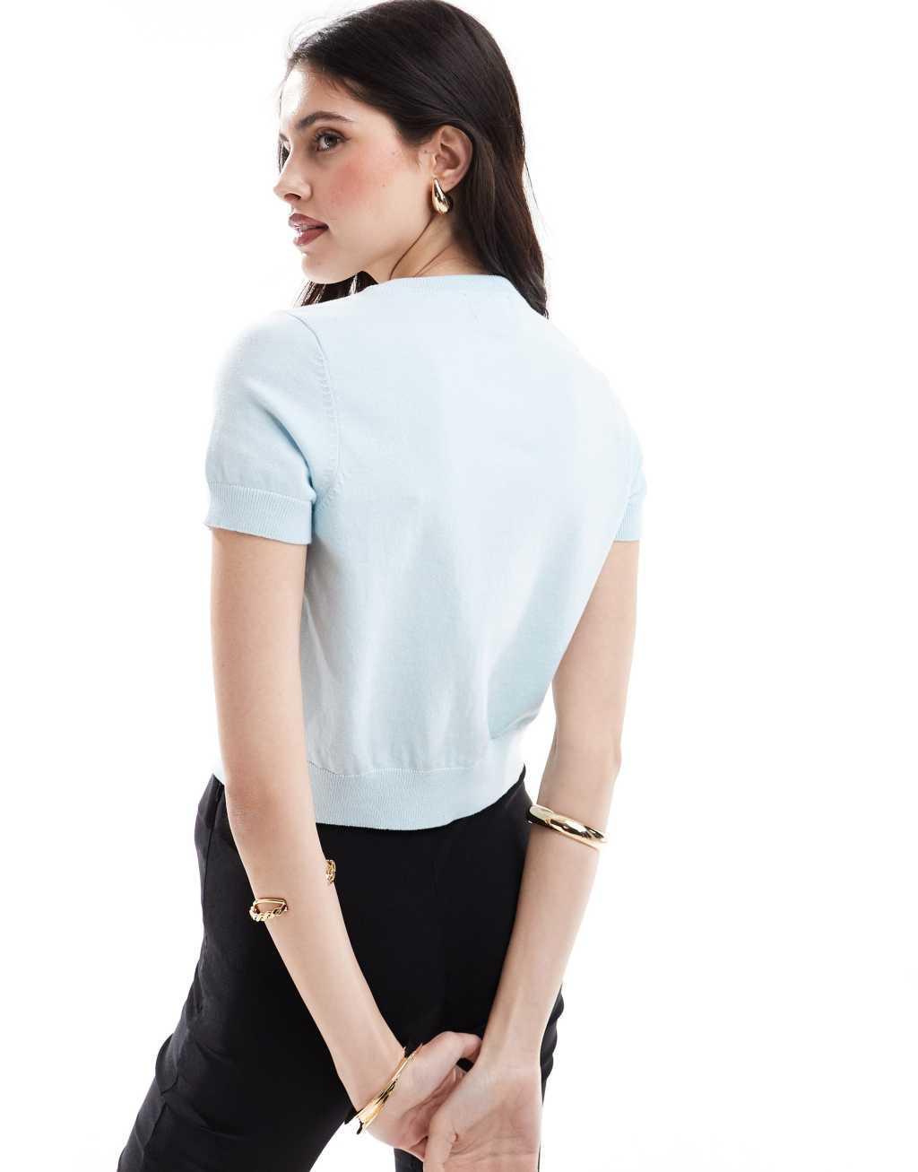 ASOS DESIGN crew neck short sleeve cardigan in blue Product Image