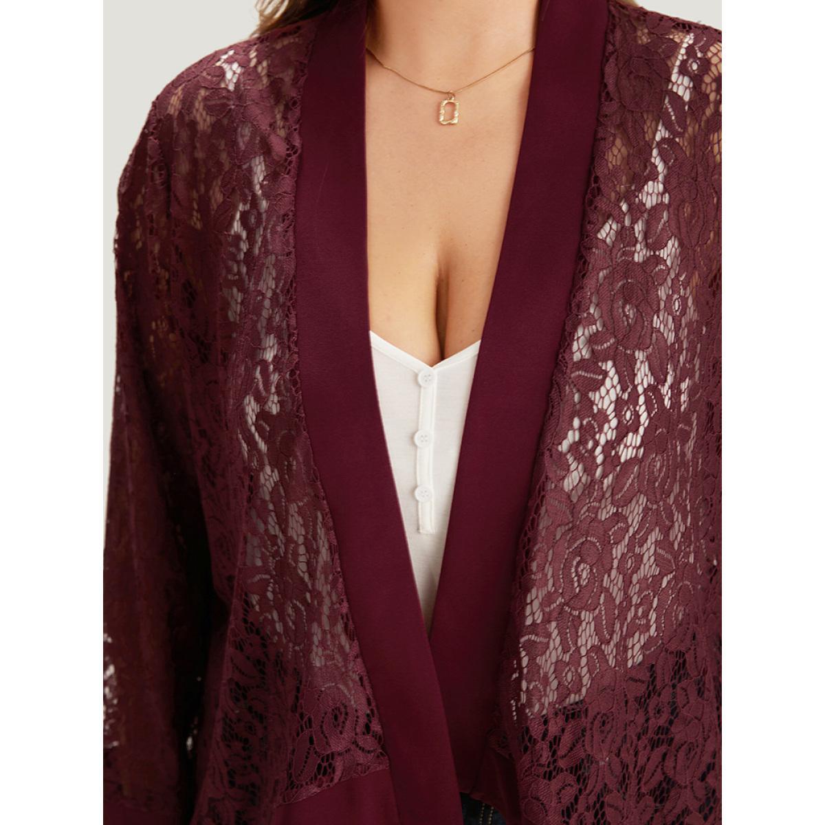 Plus Size Supersoft Essentials Crochet Lace Mesh Open Front Asymmetrical Hem Kimono Women Scarlet Casual Patchwork Loose Dailywear Kimonos BloomChic 12/L Product Image