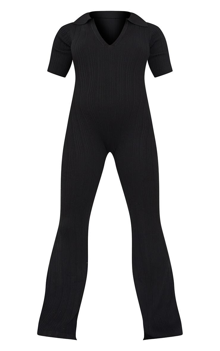 Maternity Black Knitted Rib Polo Short Sleeve Wide Leg Jumpsuit Product Image