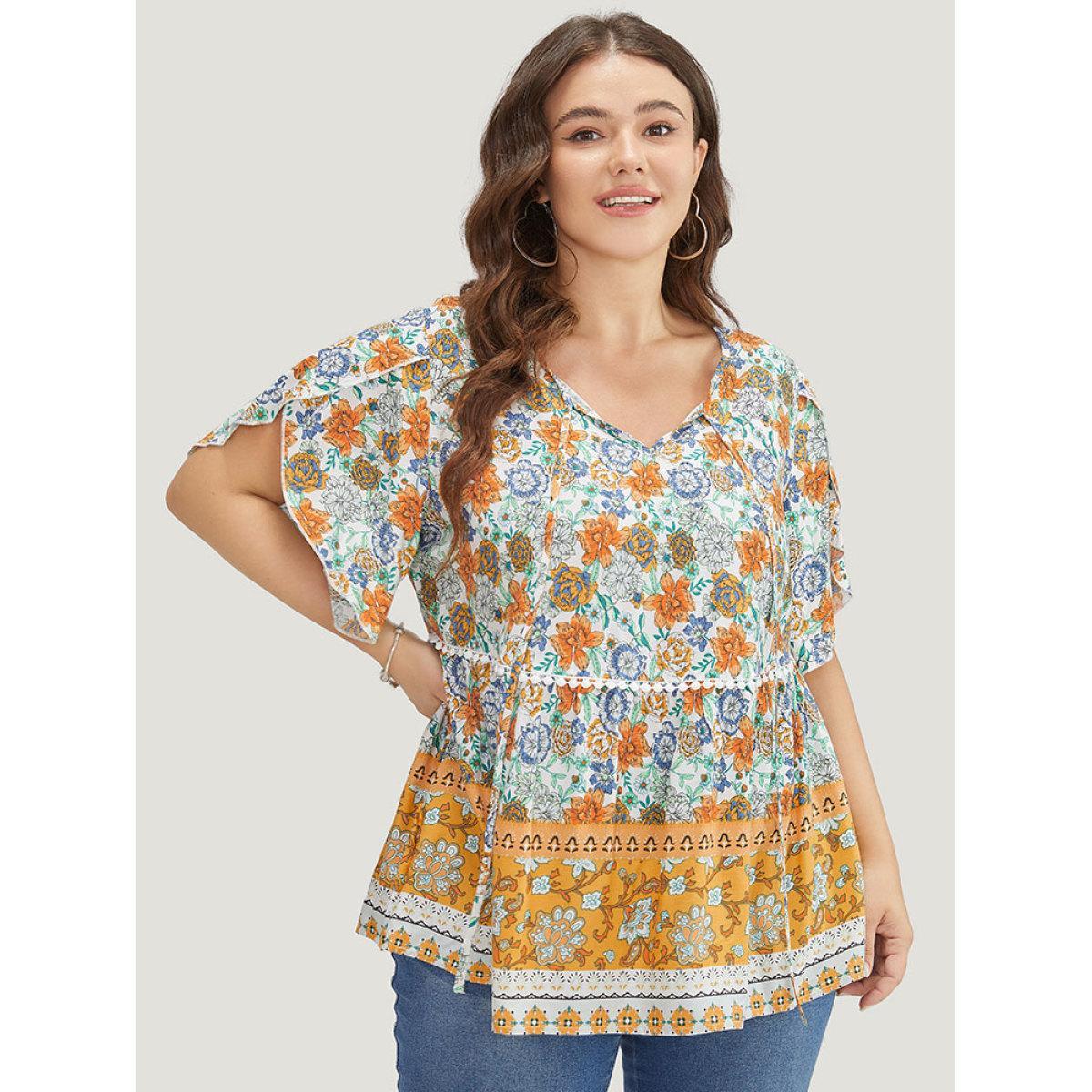 Plus Size Gold Bandana Print Petal Sleeve Tie Neck Pompom Trim Blouse Women Vacation Short sleeve Tie Neck Dailywear Blouses BloomChic 22-24/3X Product Image