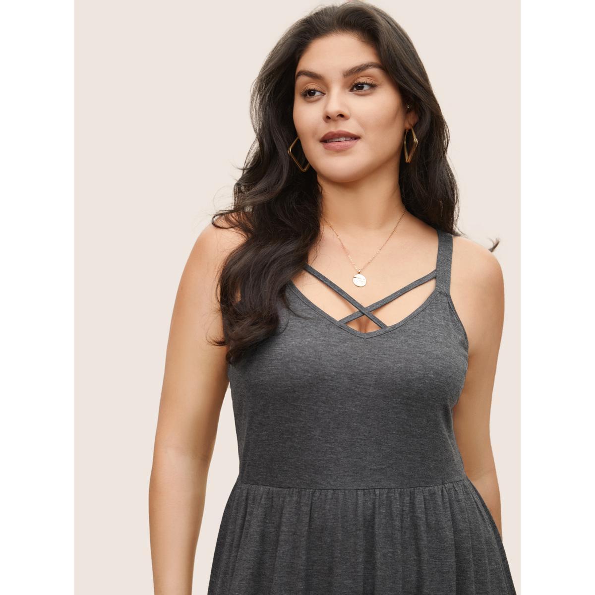 Plus Size Solid Crisscross Patchwork Ruffle Hem Dress DimGray Women Casual Non U-neck Sleeveless Curvy Midi Dress BloomChic 12/L Product Image