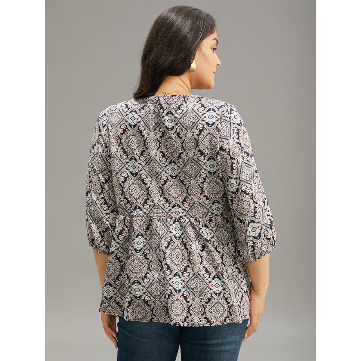 Plus Size Indigo Moroccan Print Tassels Ties Elastic Cuffs Blouse Women Resort Elbow-length sleeve Tie Neck Vacation Blouses BloomChic 18-20/2X Product Image