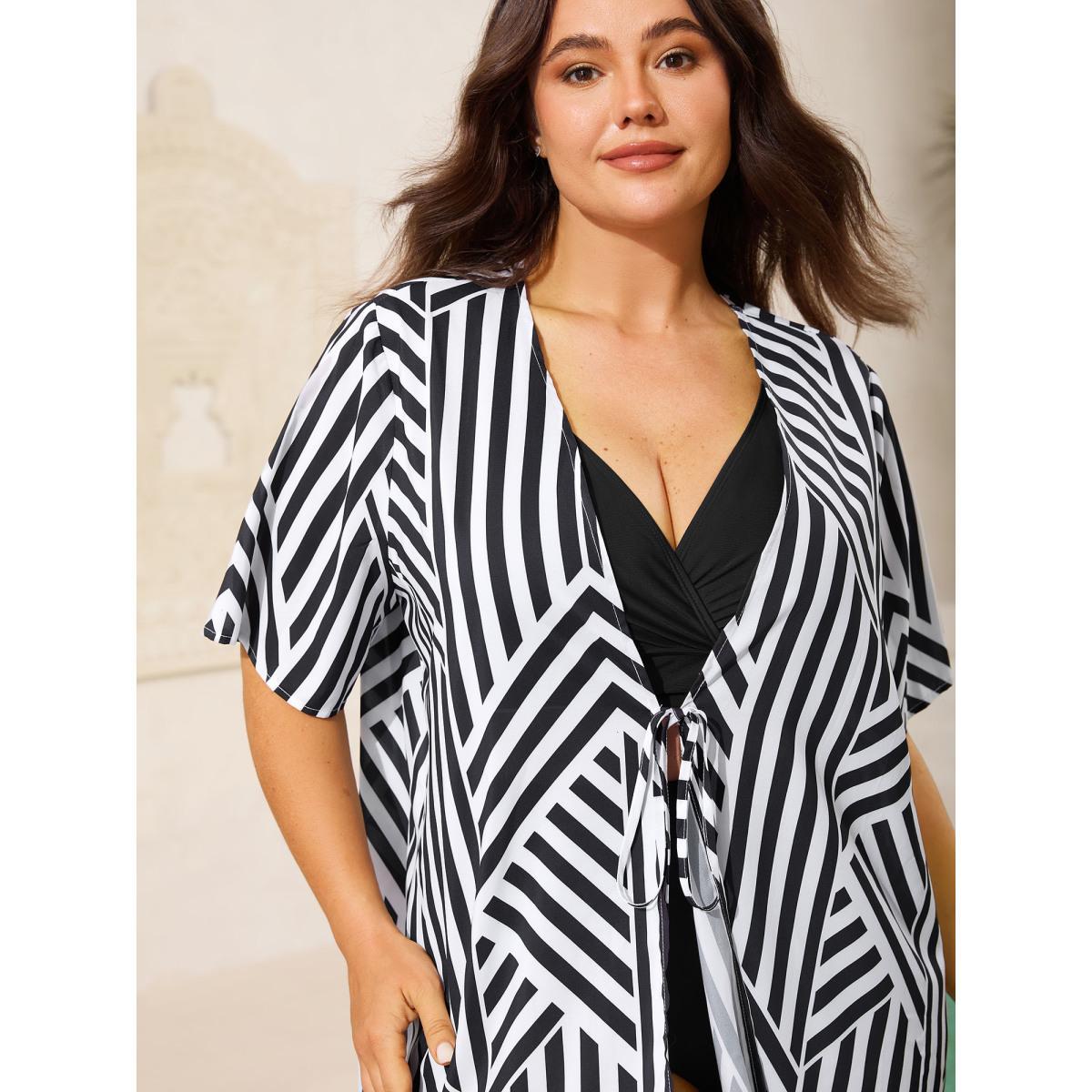 Plus Size Asymmetrical Stripes Front-Tie Kimono Women Black Tie knot Loose Vacation Kimonos BloomChic 10/M Product Image