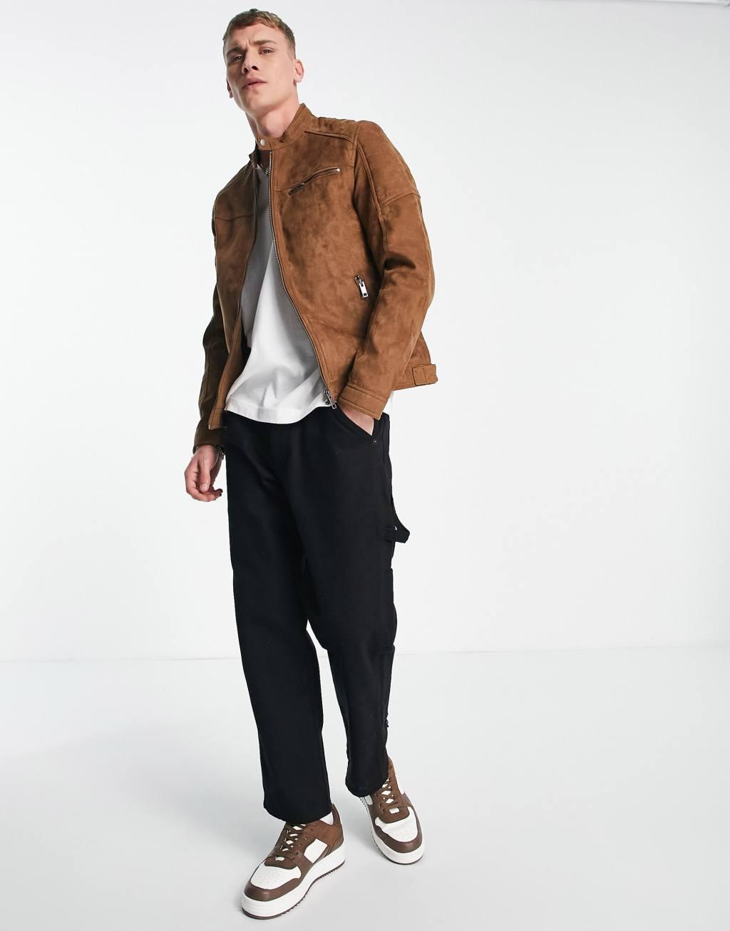 Jack & Jones Essentials biker jacket in faux suede tan Product Image