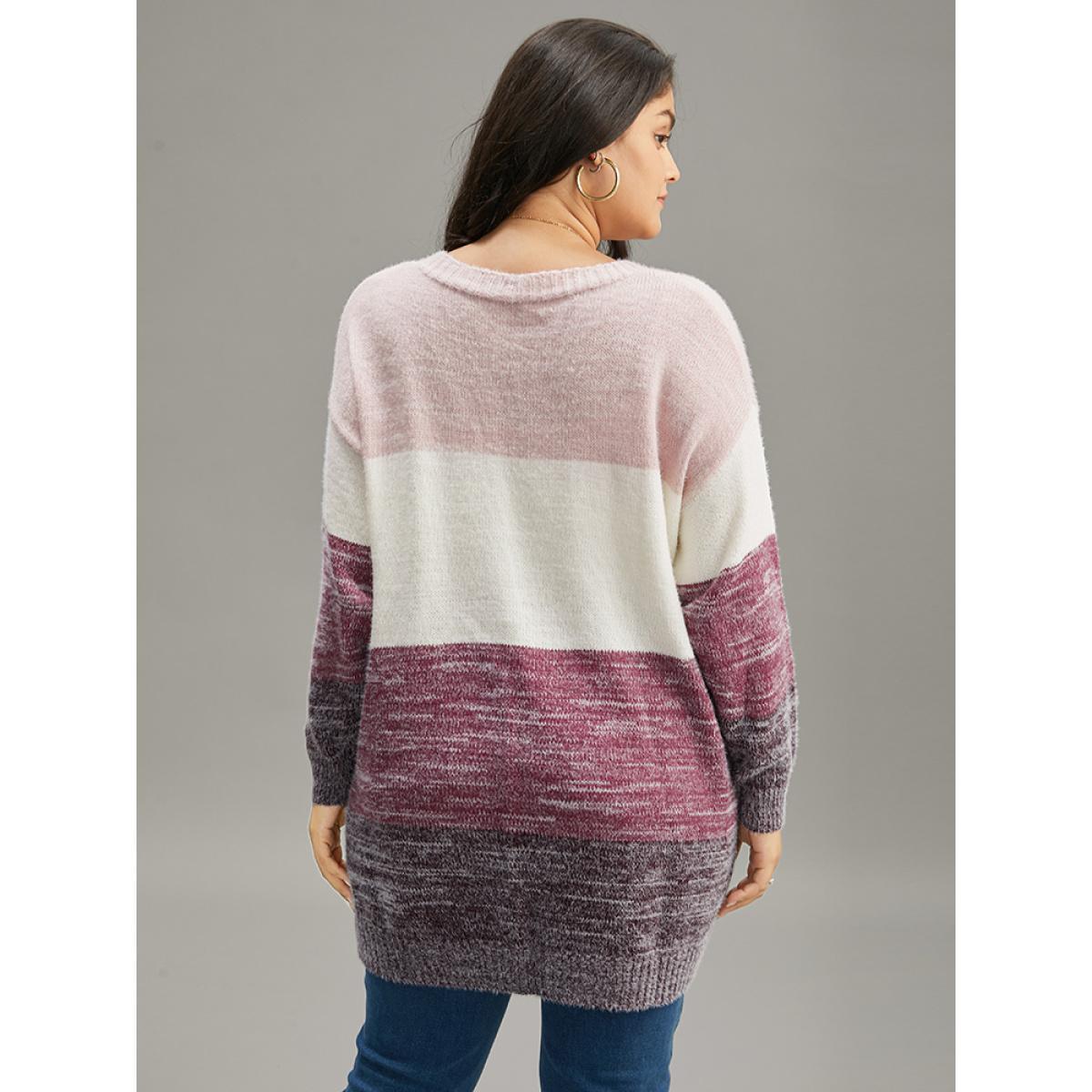 Plus Size Colorblock Button Through Fuzzy Cardigan Multicolor Women Casual Loose Long Sleeve Dailywear Cardigans BloomChic 30/6X Product Image