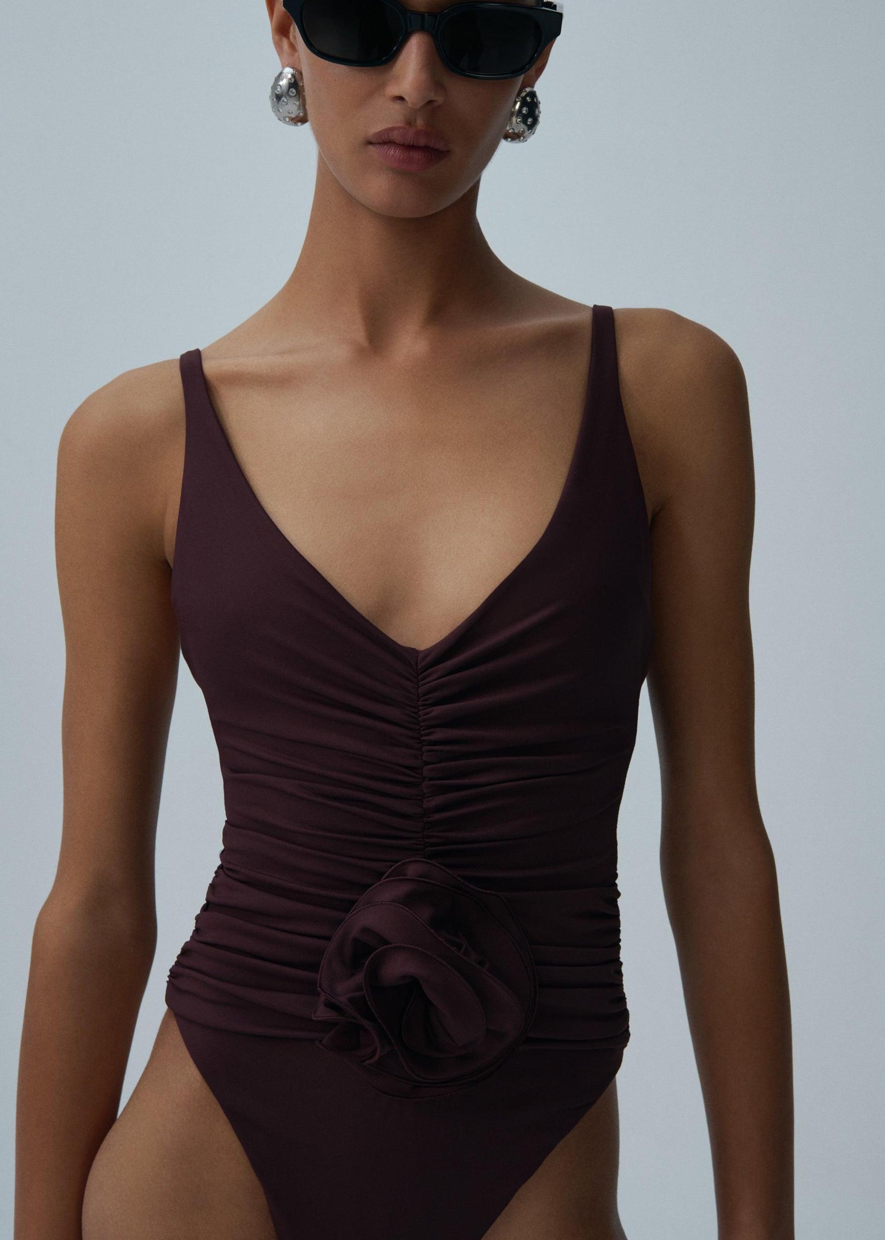 Ruched flower swimsuit in brown Product Image