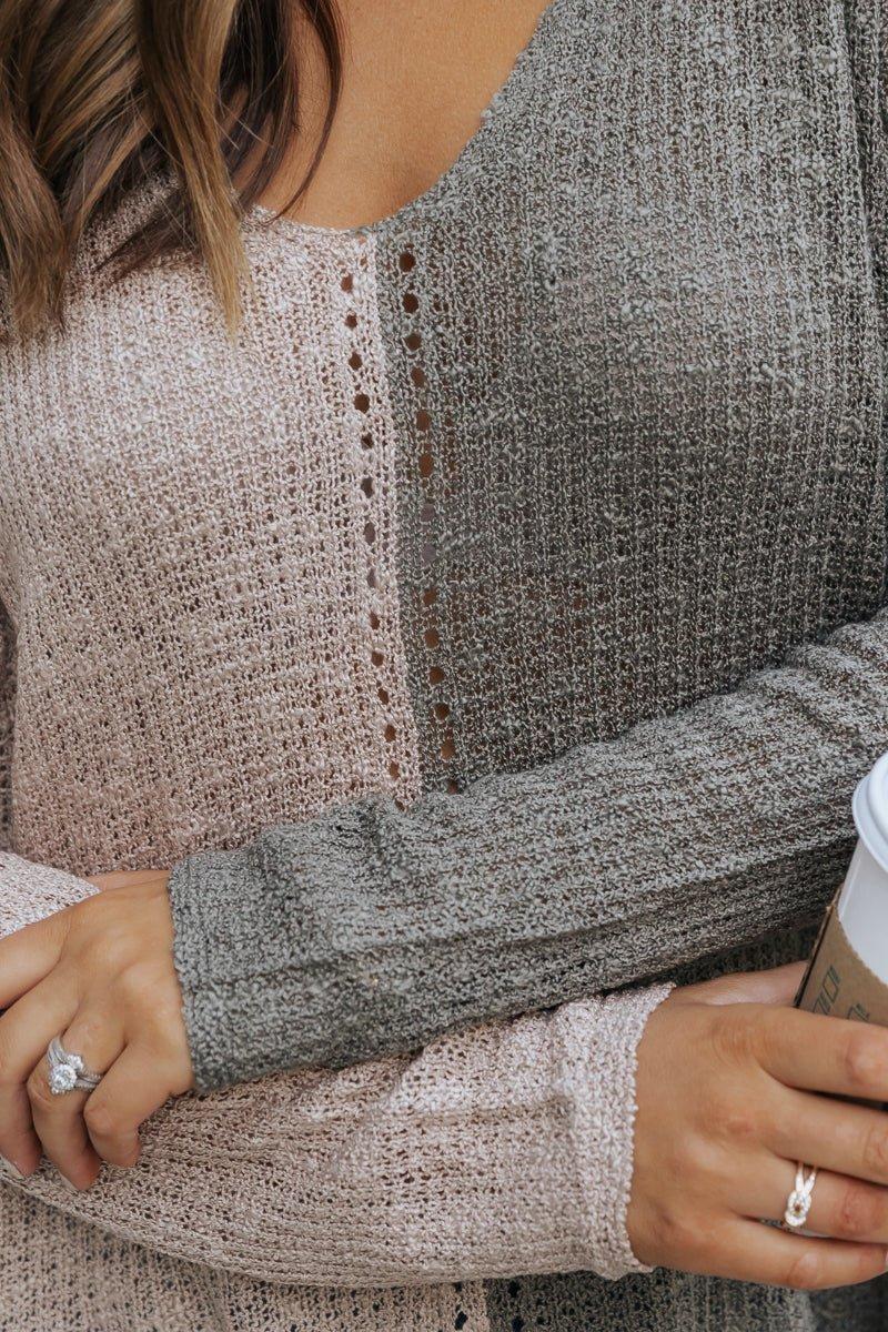 Olive Color Block V Neck Sweater - FINAL SALE Product Image