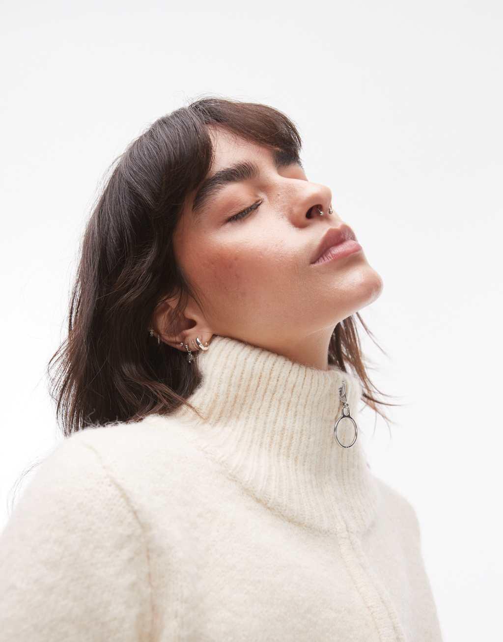 Topshop knit fluffy zip through cardigan in cream Product Image