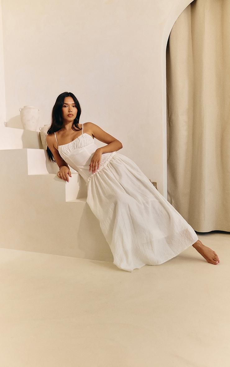 White Ruched Bust Drop Waist Maxi Dress Product Image