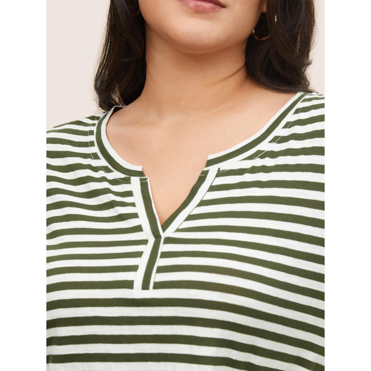 Plus Size Striped Print Notched T-shirt ArmyGreen Women Casual Contrast Striped Notched collar Everyday T-shirts BloomChic 22-24/3X Product Image