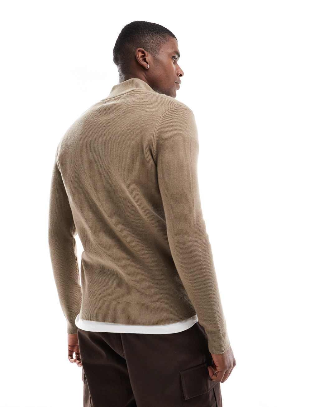 ONLY & SONS ribbed half zip sweater in light brown Product Image