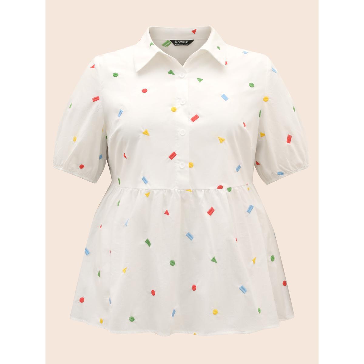 Plus Size Multicolor Cotton Geometric Embroidery Tunic Blouse Women Casual Short sleeve Shirt collar Everyday Blouses BloomChic 10/M Product Image