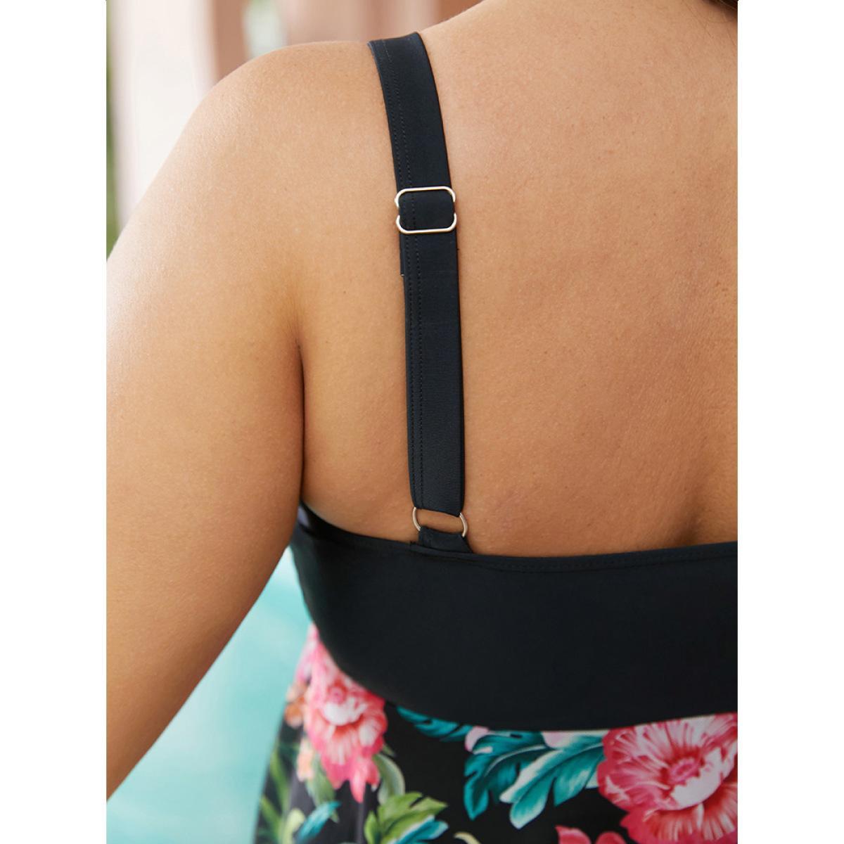 Plus Size Tropical Patchwork Flutter Hem Knot Front Swim Dress Women's Swimwear Black Vacation Bodycon V-neck High stretch Curve Swim Dresses BloomChic 10/M Product Image