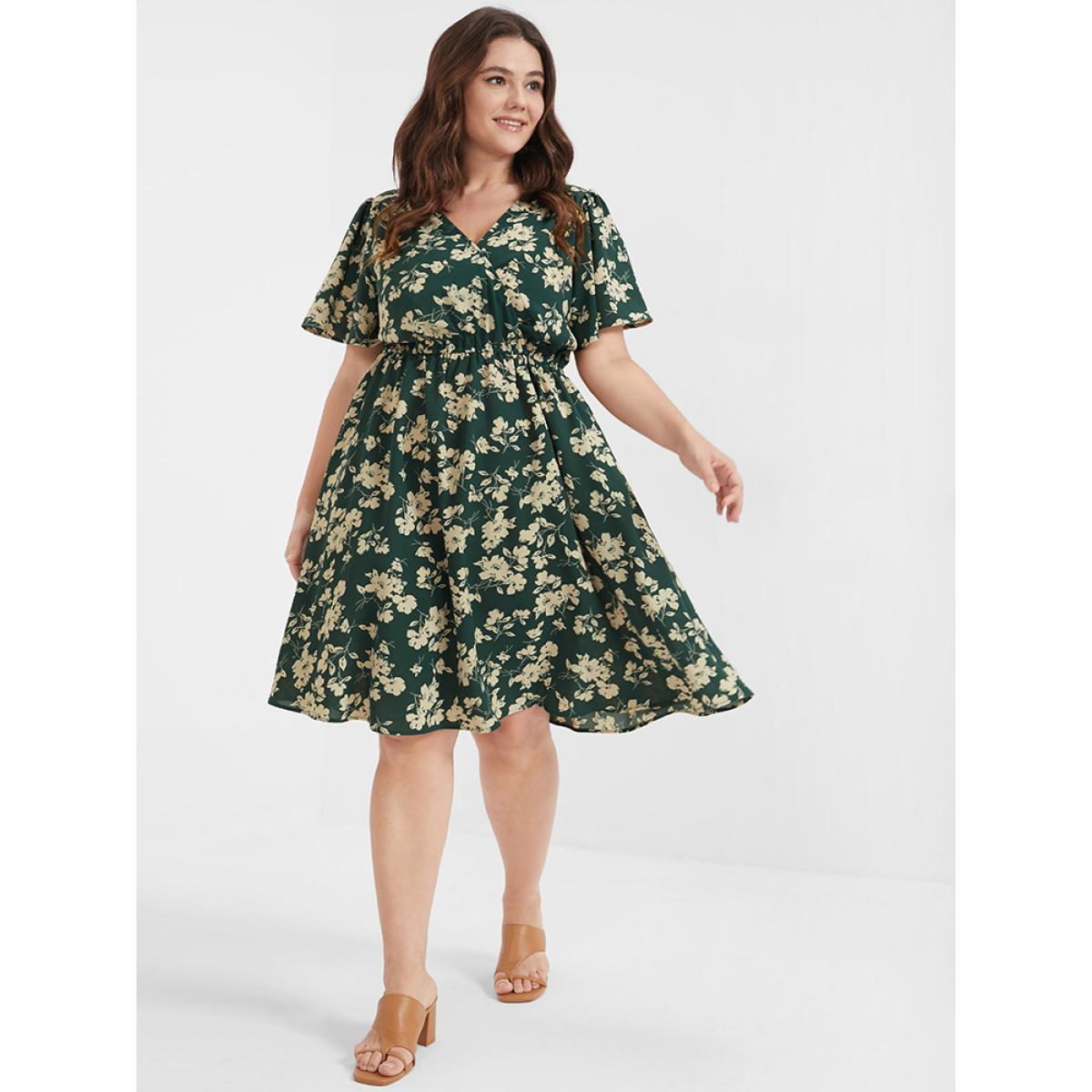 Plus Size Floral Belted Button Ruffled Wrap Knee Dress Green Women Elegant Printed V-neck Short sleeve Curvy Knee Dress BloomChic 26/4X Product Image
