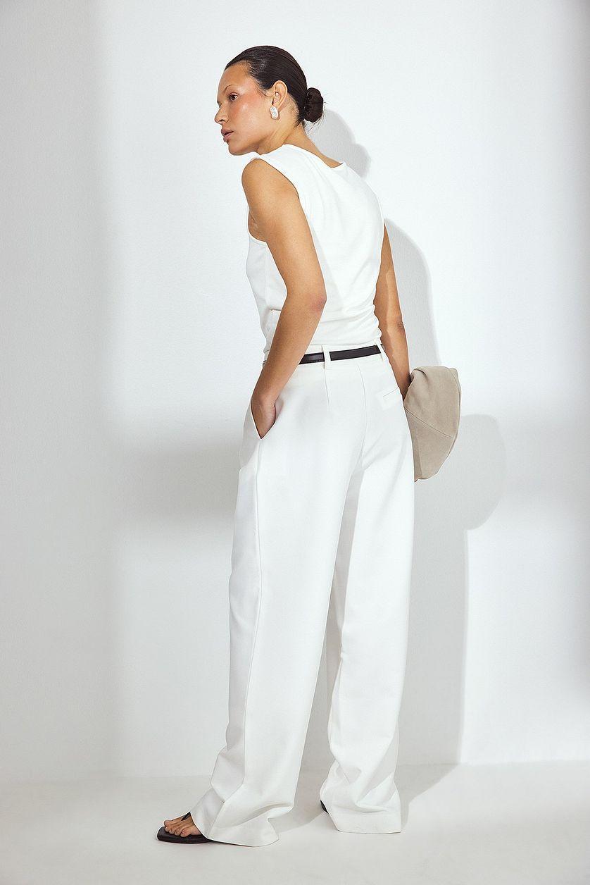 High Waist Pleated Wide Leg Pants Beige Product Image
