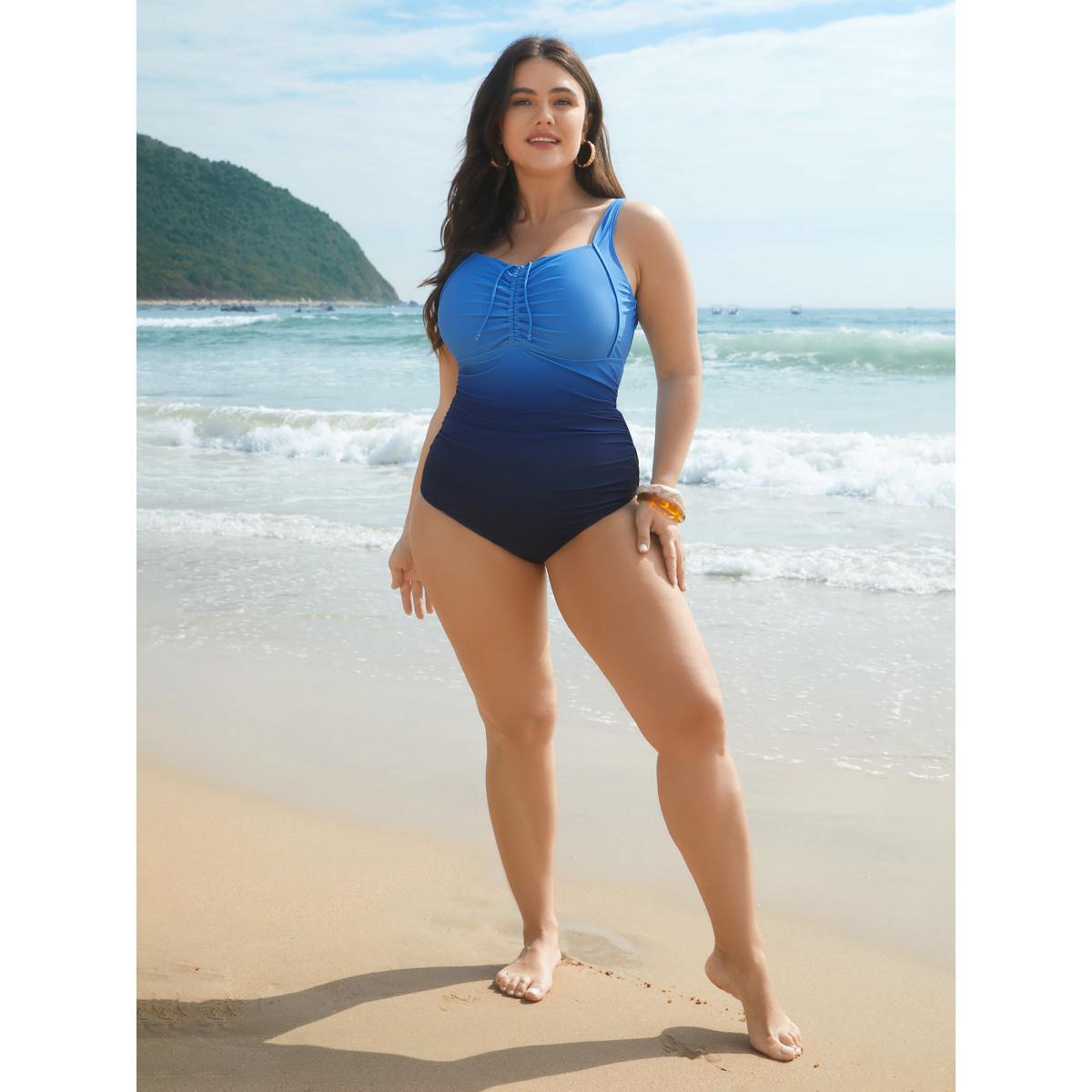 Plus Size Gradient Adjustable Drawstring Ruched One-Piece Swimsuit Women's Swimwear Mediumblue Beach Gathered Curve Bathing Suits High stretch One Pieces BloomChic 14-16/1X Product Image