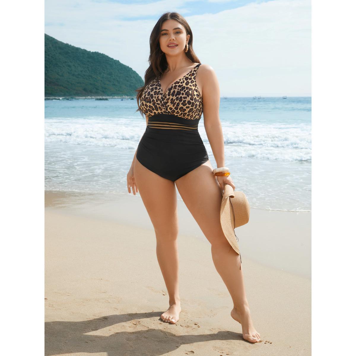 Plus Size Leopard Print Sheer Spliced Surplice Neck One-Piece Swimsuit Women's Swimwear Leopard Beach Gathered Curve Bathing Suits High stretch One Pieces BloomChic 18-20/2X Product Image