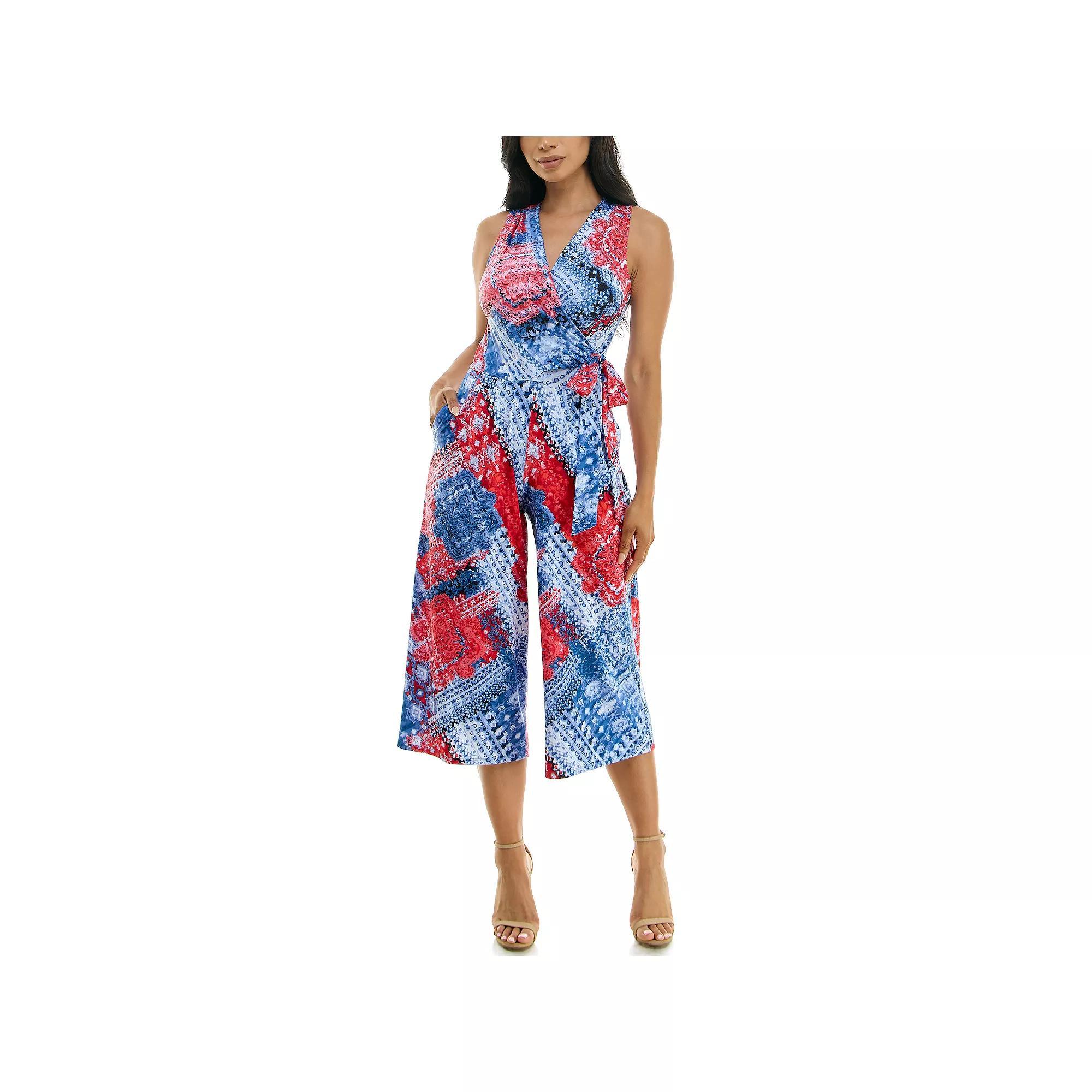 Women's Nina Leonard Print Surplice Wide-Leg Jumpsuit, Size: Large, Red Blue Team Product Image