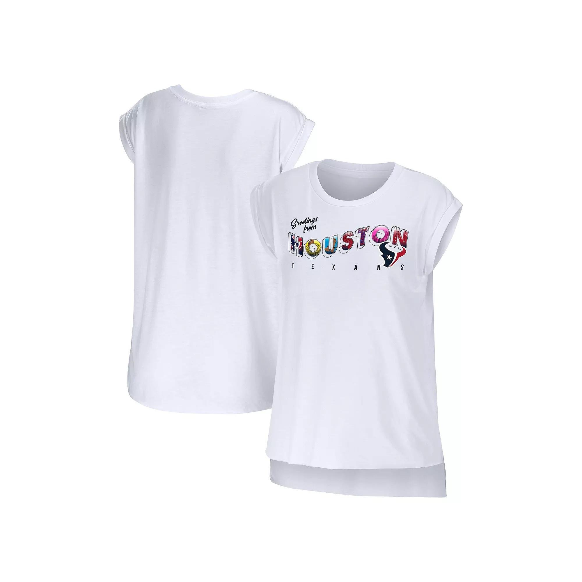 Women's WEAR by Erin Andrews White Houston Texans Greetings From Muscle T-Shirt, Size: XS Product Image
