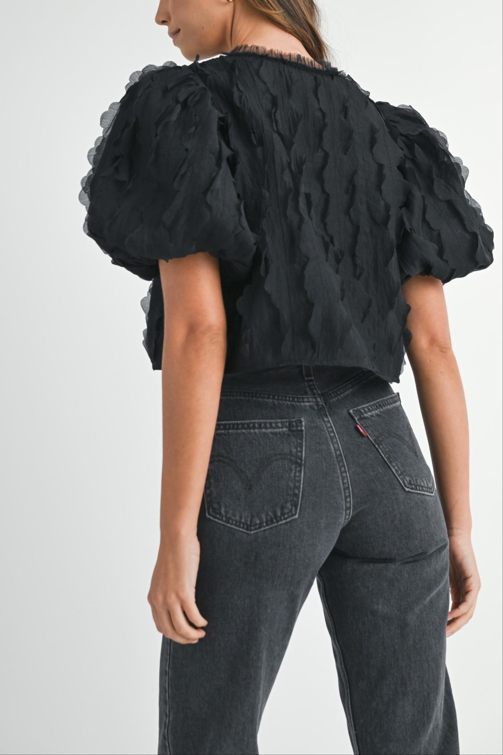 Textured Scallop Puff Sleeve Blouse Top Product Image