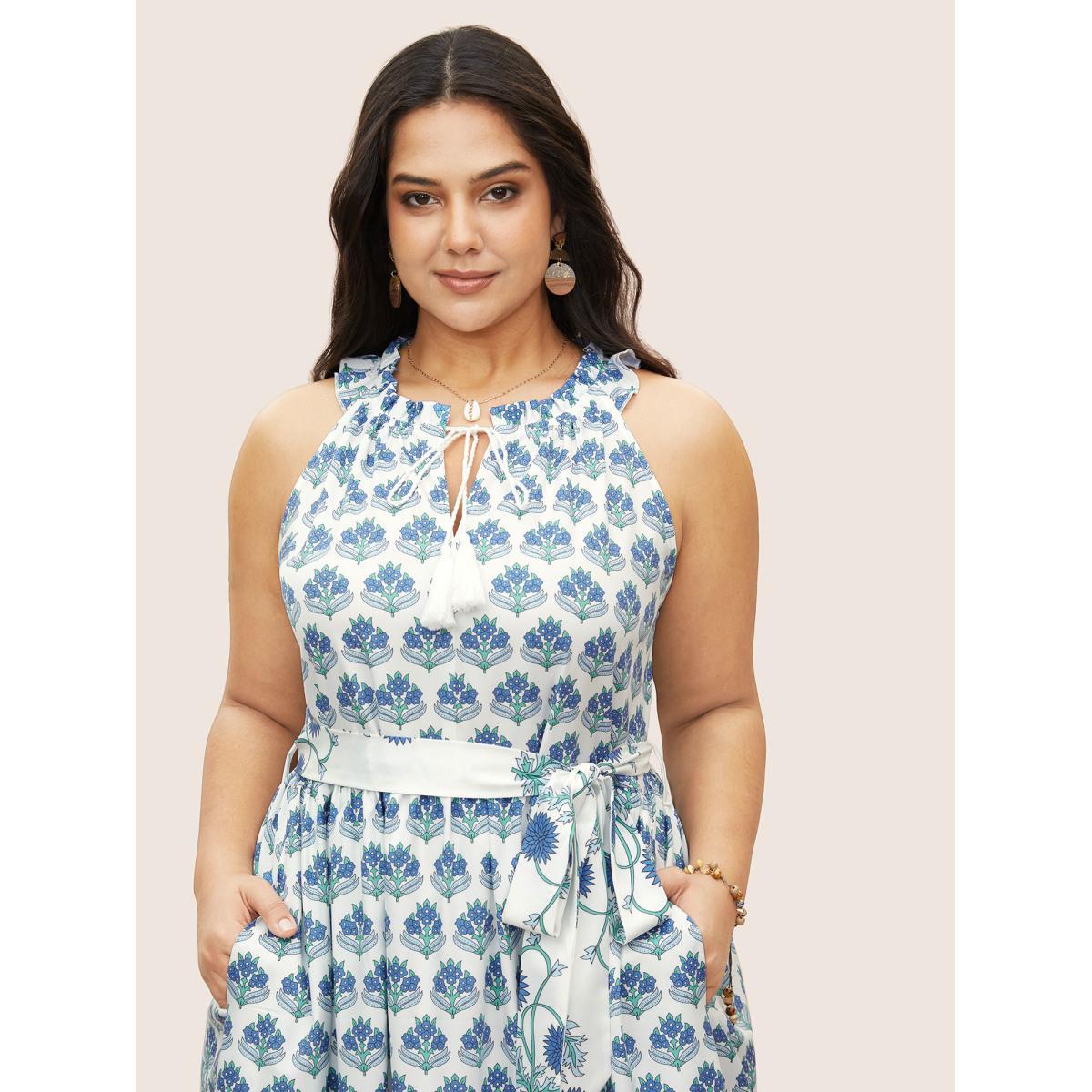 Plus Size Boho Print Notched Collar Tassel Sleeveless Dress Blue Women Resort Tie knot Notched collar Sleeveless Curvy Midi Dress BloomChic 10/M Product Image
