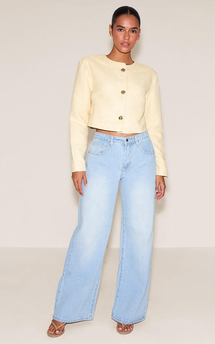 Butter Cream Cropped Button Up Tweed Collarless Jacket Product Image