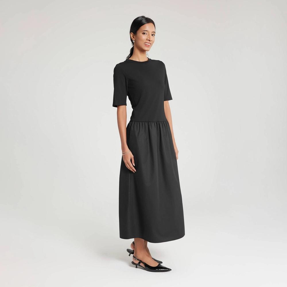 Womens Mixed-Media 1/2 Sleeve Dress - A New Day Black M Product Image