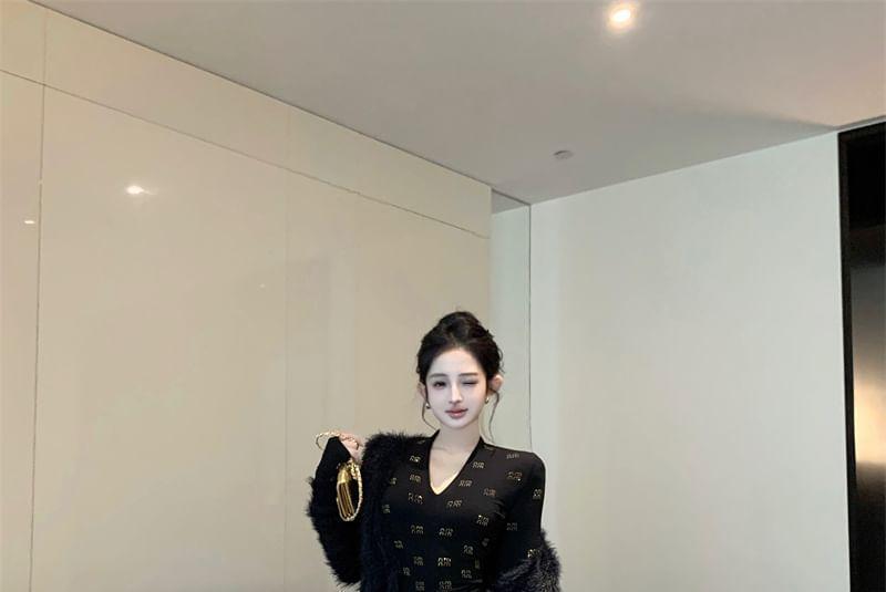 Long-Sleeve V-Neck Rhinestone Top / High Rise Midi Mermaid Skirt / Fluffy Jacket / Belt Product Image