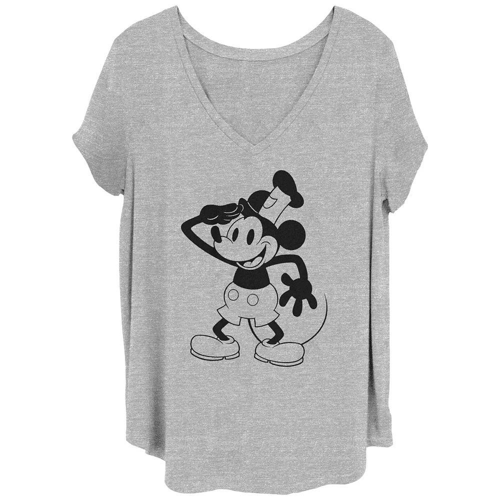 Disney's 100th Anniversary Women's Mickey Mouse Steamboat Willie Captain V-Neck Tee, Girl's, Size: 1XL, Grey Gray Product Image