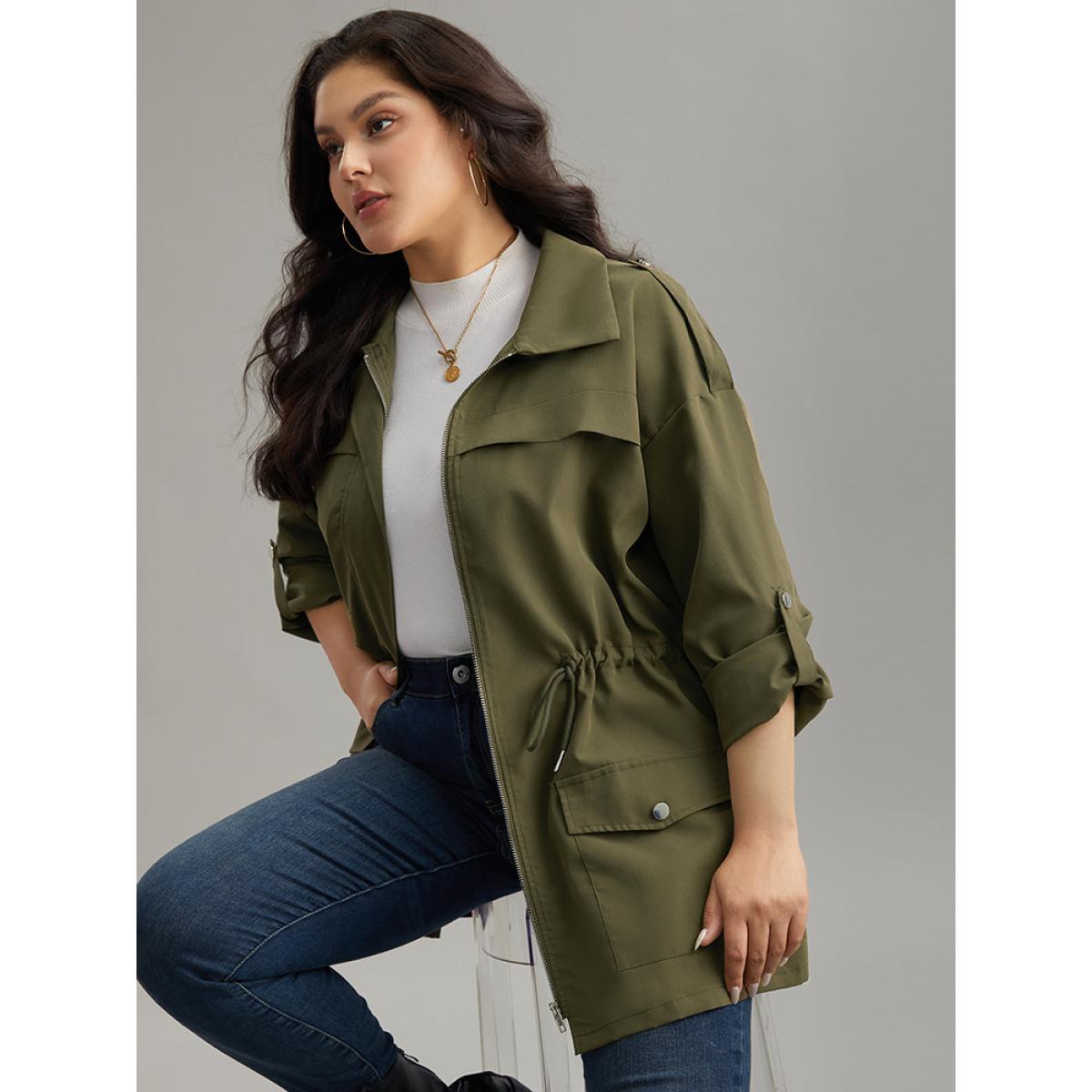 Plus Size Solid Zipper Drawstring Tab Sleeve Trench Coat Women ArmyGreen Casual Plain Ladies Dailywear Winter Coats BloomChic 18-20/2X Product Image