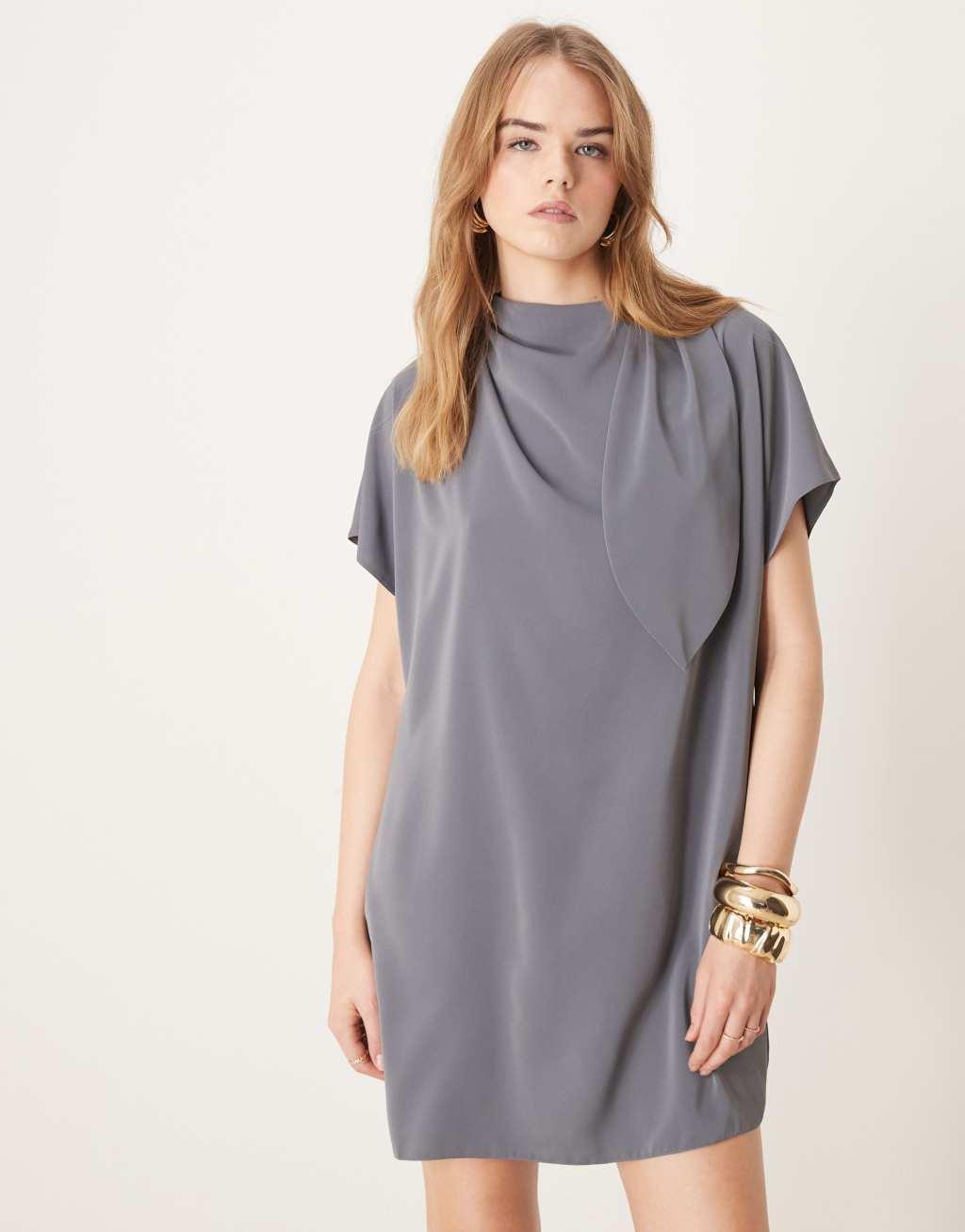ASOS DESIGN slinky mini dress with neck tie detail in blue gray Product Image